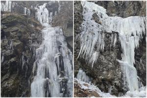 Regatul de gheață în Parcul Național Cozia. Apa de pe versanți s-a transformat în draperii de gheață