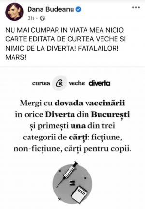 Dana Budeanu a declarat război editurii care oferă o carte gratuită celor vaccinaţi: Marş. Fătălăilor. Reacţia companiei a venit imediat