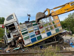 Camion cu 70 de stupi de albine, spulberat de un tren de călători în Enoşeşti - GALERIE FOTO
