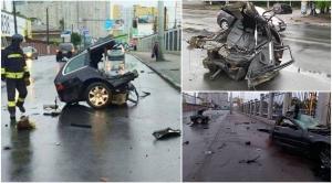 Momentul dramatic în care un BMW se rupe în două, după ce loveşte cu viteză un stâlp, pe un drum din Odessa - VIDEO