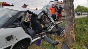 Mașină făcută un morman de fiare la Pojogeni, în Gorj, după impactul cu un copac. O femeie a murit pe loc