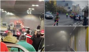 Incendiu în Pasajul Unirii, cu degajări mari de fum: o mașină a luat foc. Pasajul, blocat o oră. VIDEO