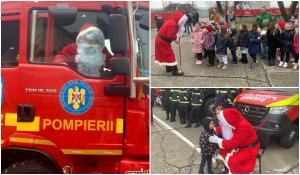 Un Moș Crăciun special: A dat ”sania cu reni” pe autospeciala de pompieri și le-a adus cadouri copiilor de grădiniță
