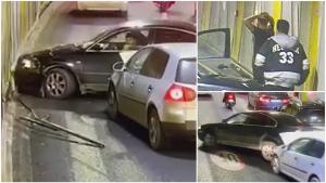 Accident în lanț filmat în Pasajul Unirii din București. O mașină intră cu viteză în tunel și se înfige în perete, blocând circulația