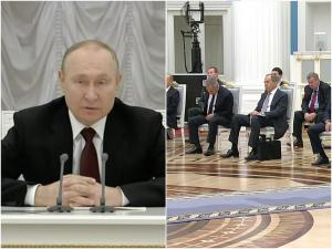 Sceneta jucată de Vladimir Putin la ședința pentru a decide soarta Ucrainei. Și-a ținut oficialii la 20 de metri distanță