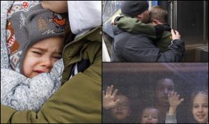 Cea mai dureroasă despărţire: Copii în lacrimi, îmbrăţişaţi de taţi pentru ultima oară, înainte de a merge la război pentru a-şi apăra ţara