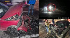 Accident cumplit filmat în Buzău, pe drumul morții - E85. Impact frontal violent, după o depăşire în curbă, lângă Nehoiu