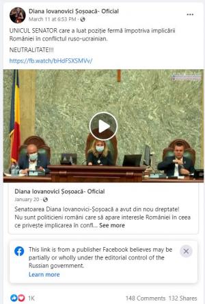 Avertizare Facebook în legătură cu o postare de pe pagina oficială a senatorului Diana Şoşoacă referitoare la poziţia faţă de Ucraina