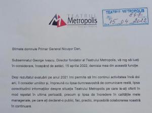 George Ivaşcu şi-a dat demisia din funcţia de manager al Teatrului Metropolis, "umilit" de evaluarea făcută de Nicuşor Dan