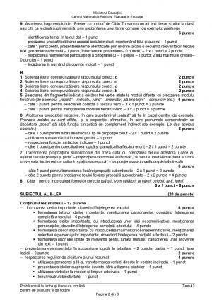 Testul 2 de antrenament pentru Evaluare Naţională 2022 - barem de corectare la limba şi literatura română