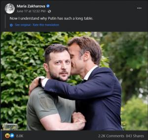 Purtătoarea de cuvânt a MAE rus, ironie despre o poză cu Zelenski și Macron: Acum înțeleg de ce are Putin o masă așa lungă