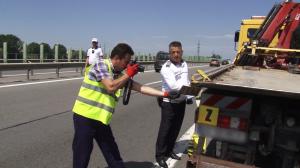 Animație grafică. Cum s-a produs accidentul de pe autostrada Bucureşti-Piteşti. Un șofer a fost strivit chiar sub ochii colegului de muncă. "Am auzit trosc"