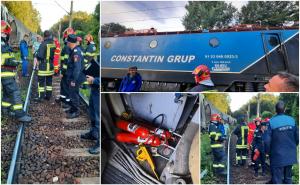 Locomotiva unui marfar a luat foc în Hunedoara. Primele imagini de la intervenţia pompierilor
