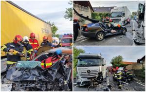 Momentul impactulului dramatic dintre un autoturism şi un TIR, în Bihor. Cei doi tineri care se aflau în maşină au murit pe loc