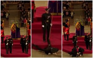 Momente dramatice lângă sicriul reginei Elisabeta a II-a. Un soldat din Garda Regală a leşinat, prăbuşindu-se de pe catafalc, în Westminster Hall