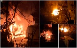 Şase maşini distruse total de un puternic incendiu izbucnit în parcarea unui bloc din Timișoara. Pagubele sunt enorme