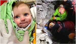 Cu ochii mari, bebelușul privește chipurile salvatorilor. A luptat și a supraviețuit miraculos sub o clădire prăbușită timp de 128 de ore, în Turcia