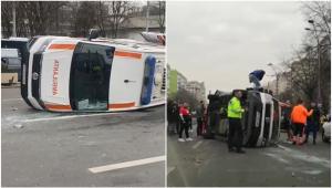 Accident grav în Capitală: O ambulanţă cu pacient s-a răsturnat, după ce a fost izbită puternic de un şofer care nu ar fi auzit sirena