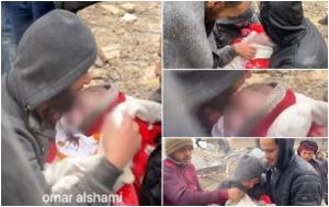 "Inima mea sângerează, iubirea mea”. Momentul sfâşietor când un tată îşi primeşte în braţe bebeluşul mort scos de sub dărâmături, în Siria