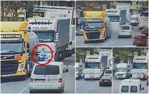 Momentul dramatic când un camion trece peste o tânără, pe "Drumul Morţii" E85. În timp ce era căutată sub TIR, victima a ieşit singură pe partea cealaltă