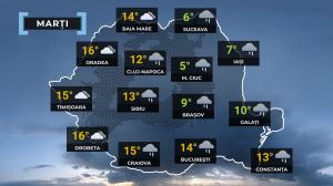 Vremea de mâine 12 martie. Va ploua în cea mai mare parte a ţării. Maximele pot ajunge şi la 17 grade