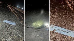 Imagini de la locul prăbuşirii dronei, în Insula Mare a Brăilei. Craterul format are un diametru de 4 m