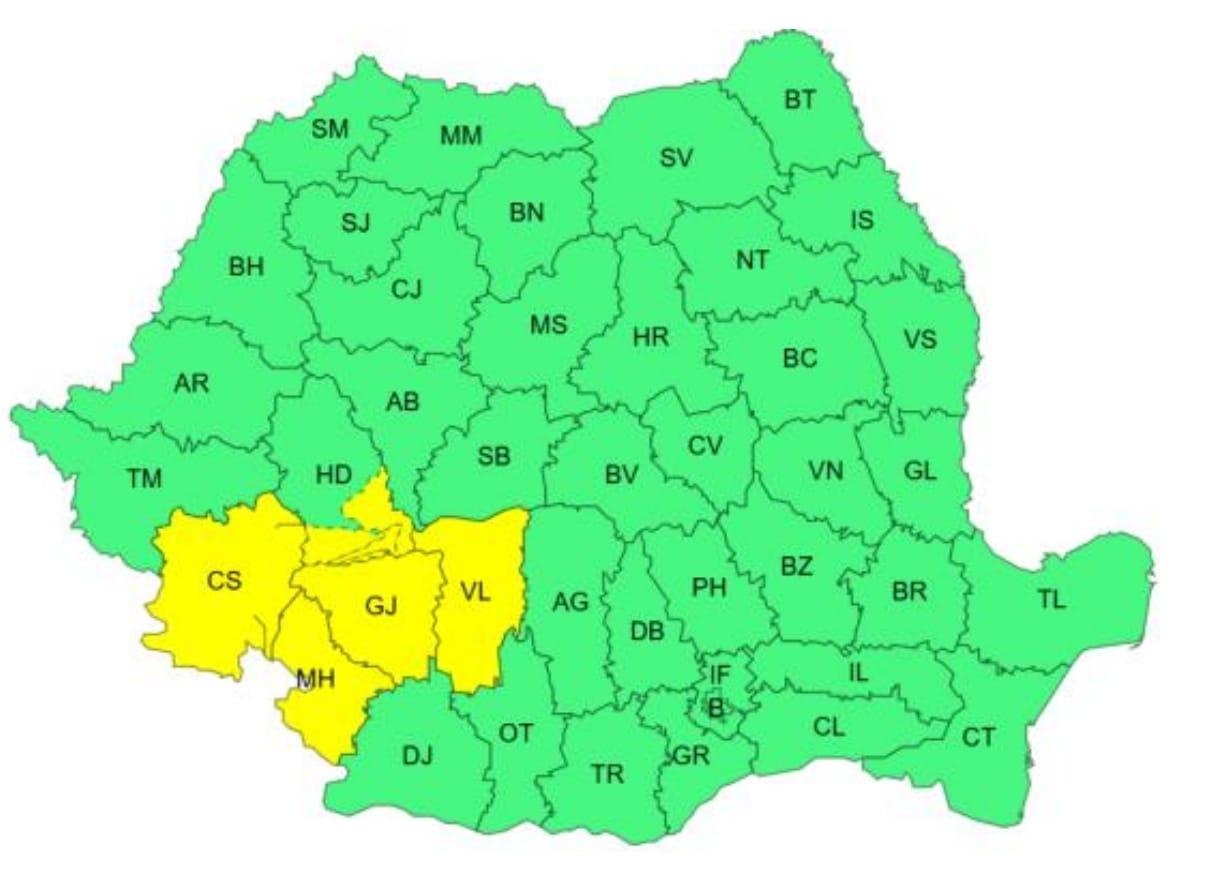 Mai multe județe, sub cod galben de vreme rea, până vineri, ora 12:00. Va ploua în majoritatea regiunilor din ţară
