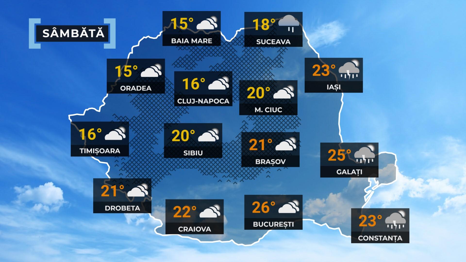 Vremea de mâine 24 mai. Se mai răceşte în aproape întreaga ţară şi sunt aşteptate ploi. Maximele se vor încadra în general între 13 şi 26 de grade