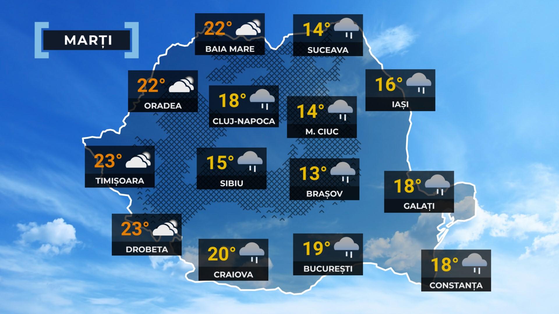 Vremea de mâine 27 mai. Va ploua în cea mai mare parte a ţării. Maximele zilei se vor încadra între 13 şi 23 de grade