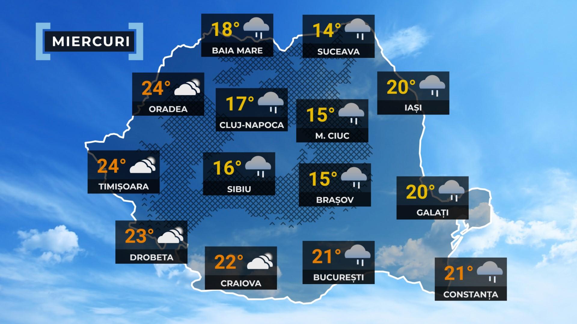 Vremea de mâine 28 mai. Va fi mai rece decât normalul perioadei. Temperatura maximă va fi cuprinsă între 13 şi 25 de grade