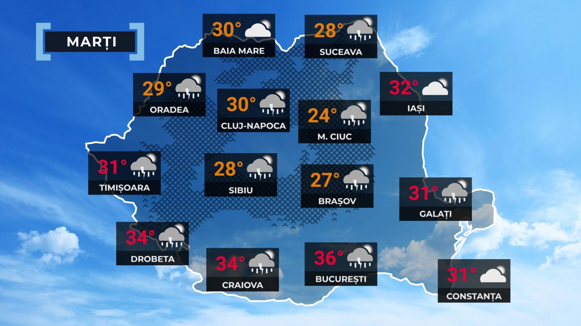 Vremea de mâine 15 iulie. Va fi în continuare cald în cea mai mare parte a ţării. Sunt aşteptate ploi