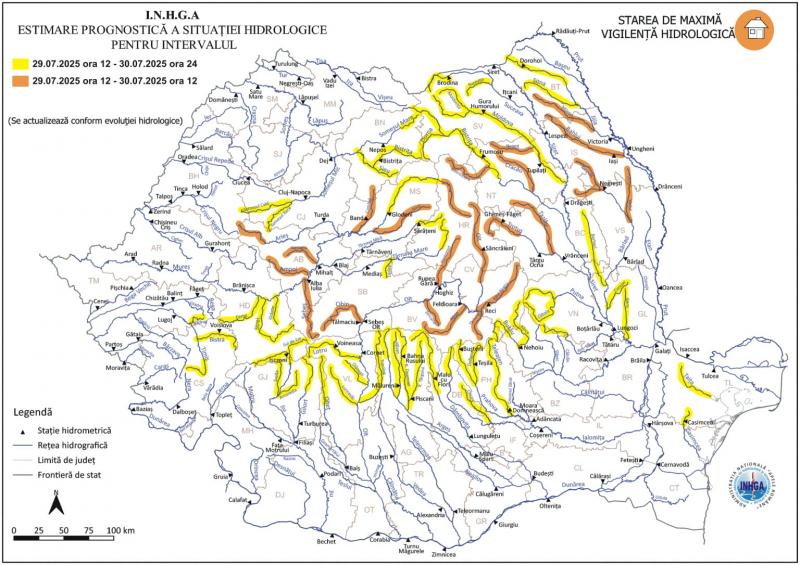 Harta județelor afectate de averse