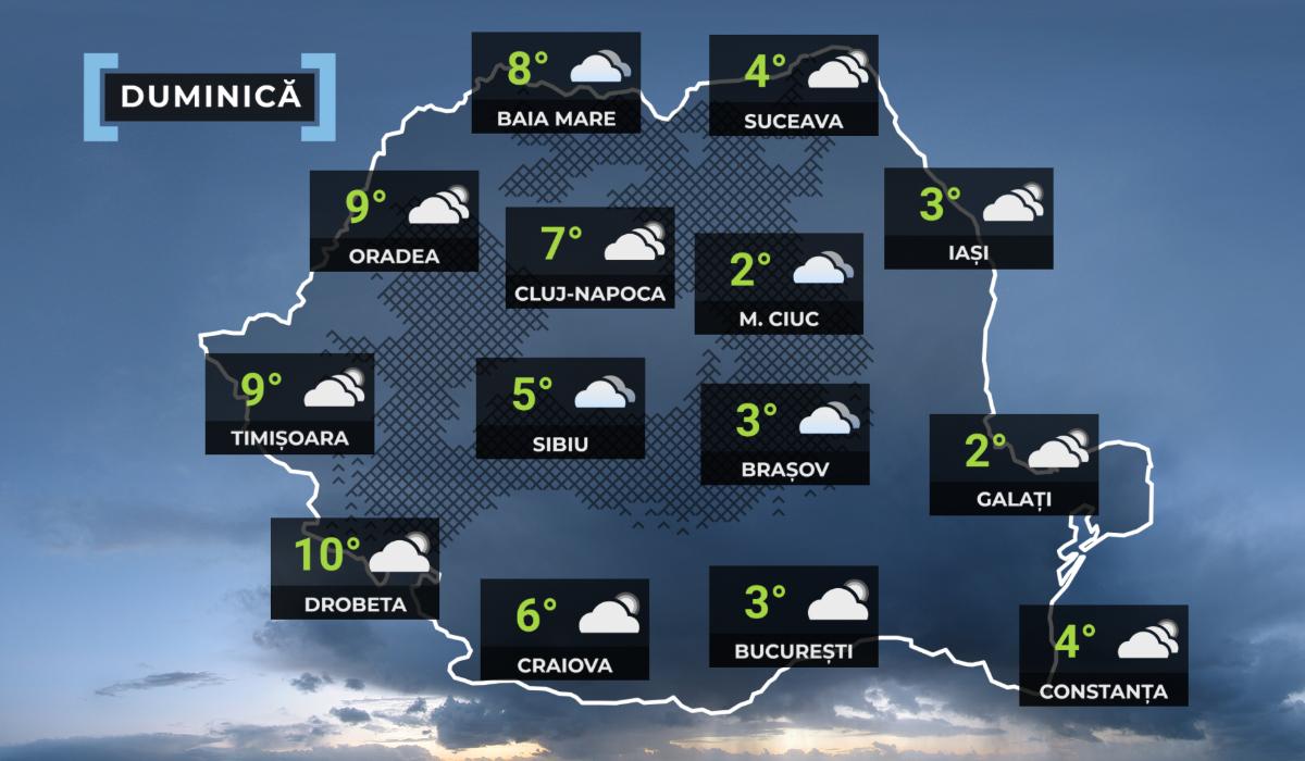 Vremea de mâine 22 februarie. Ploi, lapoviță și condiții de polei în centru și nord-est. Maximele ajung la 9°C
