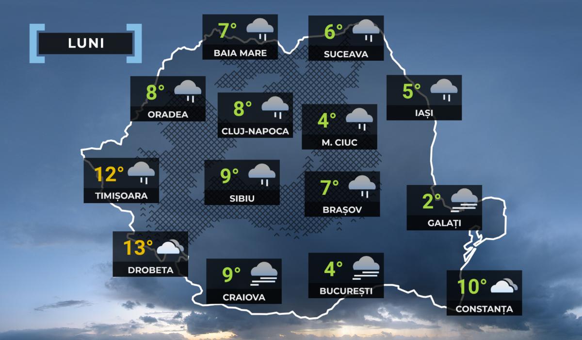 Vremea de mâine 23 februarie. Temperaturile cresc brusc, ploi în nordul ţării. Maxime între 3 şi 13 grade