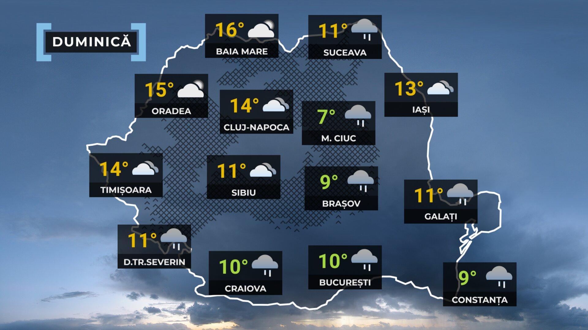 Vremea de mâine 22 martie. Ploi slabe în mare parte din ţară şi ninsori la munte. Maxime de 15 grade