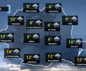 Vremea de mâine 9 aprilie. Temperaturi deosebit de scăzute, lapoviță și ninsoare în mai multe zone din țară