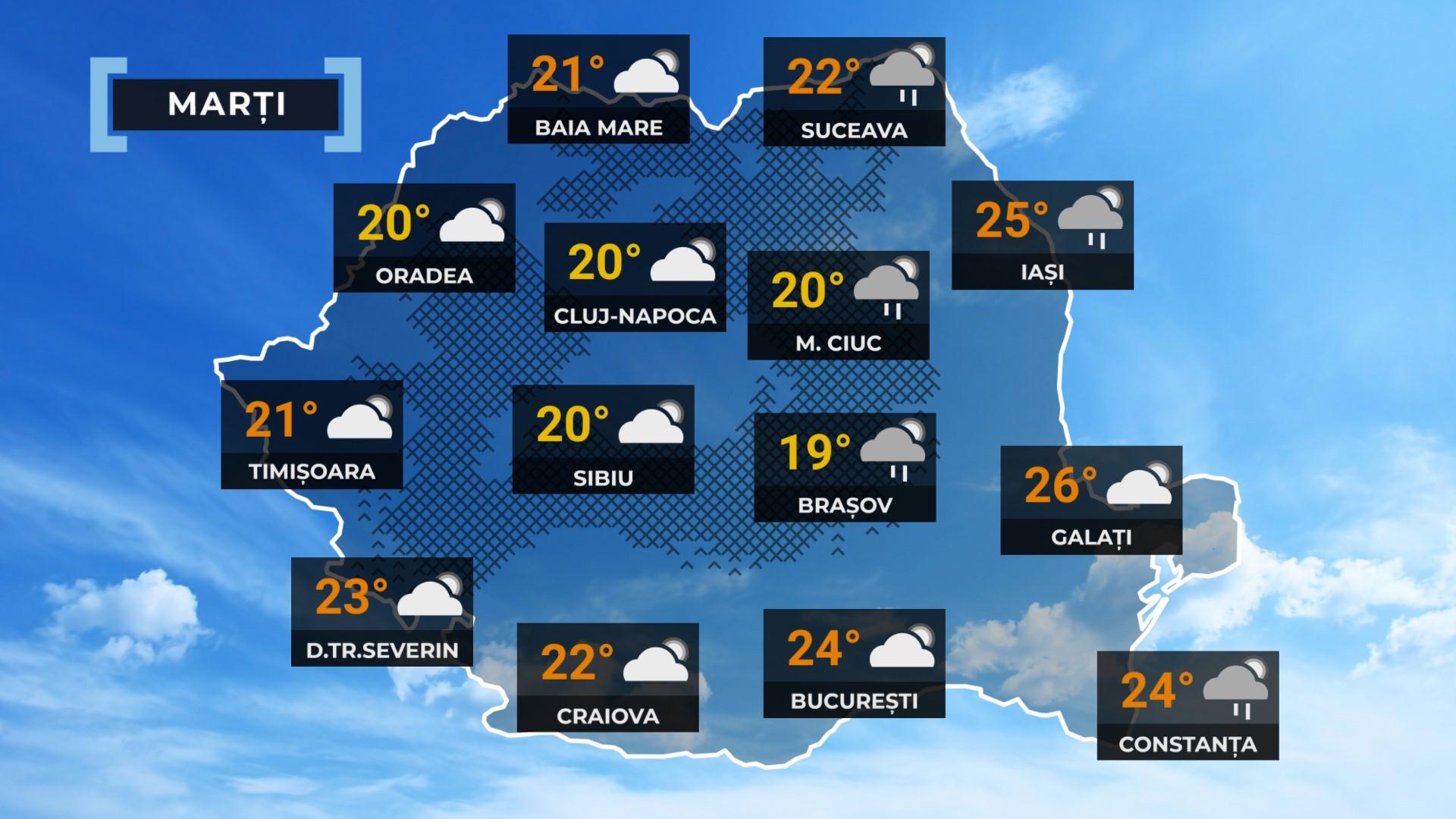 Vremea de mâine 19 mai. Temperaturi de până la 26 de grade, dar și averse cu descărcări electrice