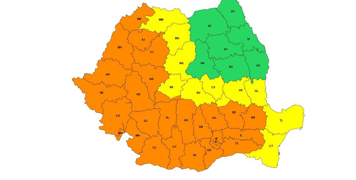Pericol de nou cod roşu în Bucureşti azi. Capitala şi 25 de judeţe, sub cod portocaliu de la ora 15:00