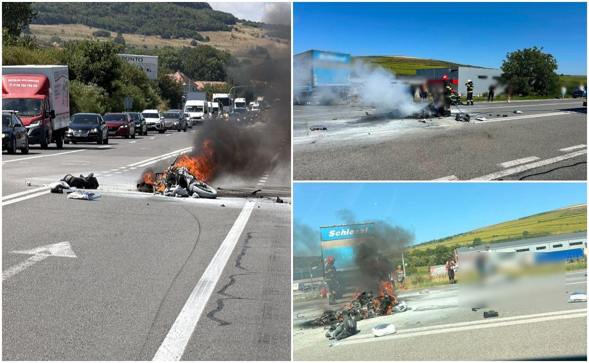 Un motociclist din Cluj a murit, după ce a luat foc în urma unui accident. Un TIR l-a izbit în plin