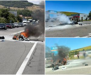 Un motociclist din Cluj a murit, după ce a luat foc în urma unui accident. Un TIR l-a izbit în plin