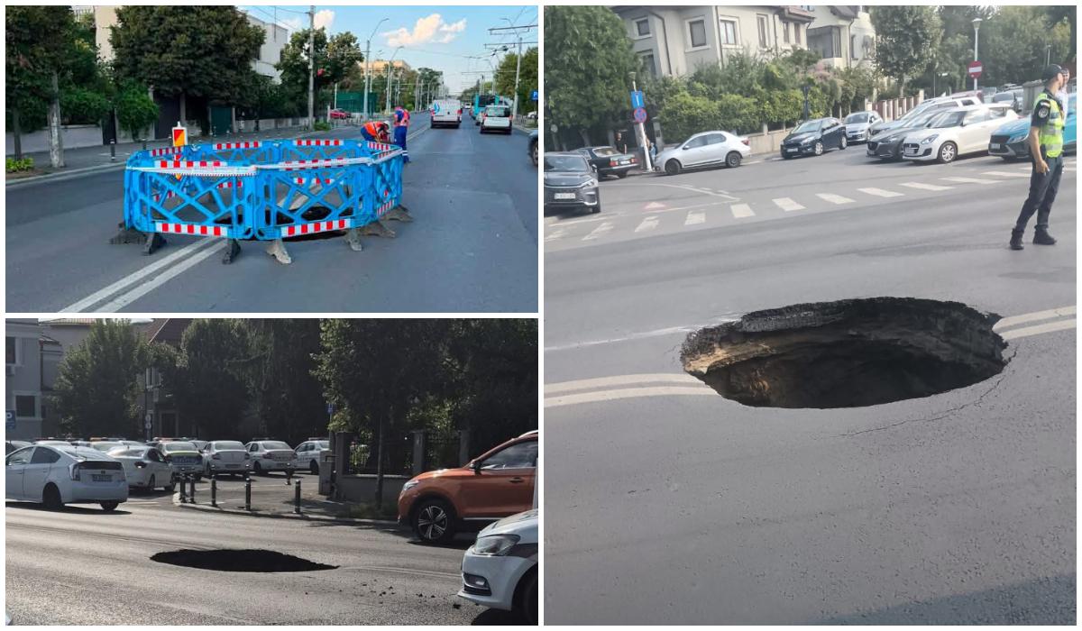 Carosabilul s-a surpat pe Bulevardul Eroilor din București. O groapă de trei metri a dat peste cap traficul