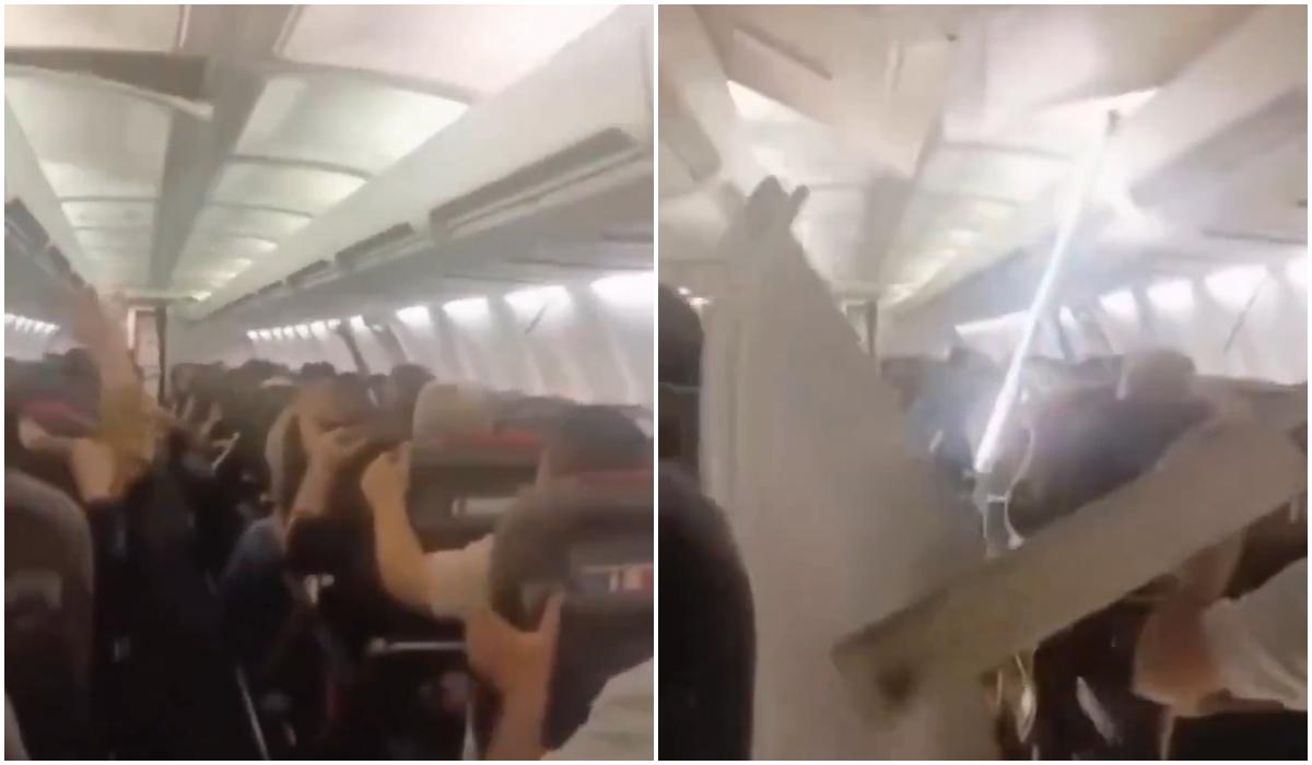 Momentul în care tavanul unui avion se prăbușește peste pasageri. Oamenii, panicați după aterizare