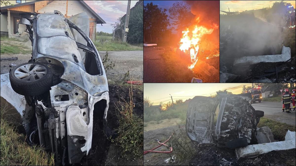 Accident urmat de incendiu în Suceava. Două persoane au fost găsite carbonizate în mașină