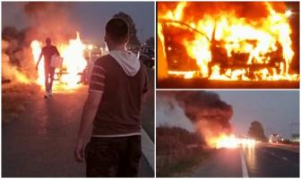 O mașină a luat foc în mers, pe autostrada București - Pitești. Șoferița și doi pasageri au reușit să iasă la timp 