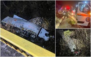 Un șofer de TIR a murit pe loc, în Mehedinți, după ce a plonjat cu camionul zeci de metri și s-a prăbușit într-o râpă