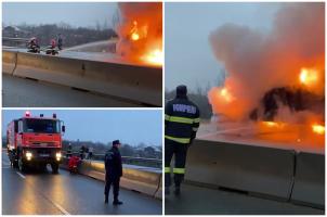 O dubă a luat foc în mers, la Bucov. Două persoane se aflau în maşina cu care transportau carne