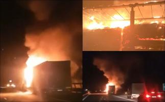 Incendiu puternic pe A10, în Alba. Un camion care transporta deşeuri de carton a luat foc în mers