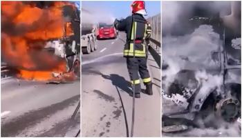 Un camion a luat foc în mers, în Oradea, din cauza unui conductor electric defect. Cabina șoferului s-a făcut scrum