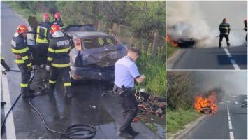 O maşină a fost distrusă de flăcări, după ce a luat foc în mers, pe un drum din Vrancea. Şoferul a scăpat nevătămat