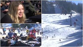 Reacţia unui turiste străine, aflată în vacanţă în Poiana Braşov. Pârtiile din staţiune au fost pline în prima zi a vacanţei de schi